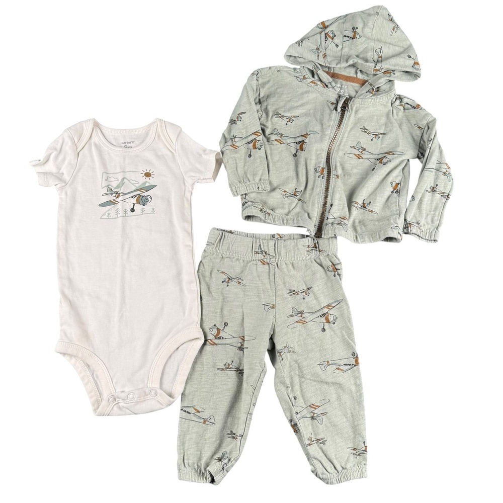 Carters Baby 9M 3-Piece Airplane Set Sage Green Hoodie Joggers Onesie Aviation